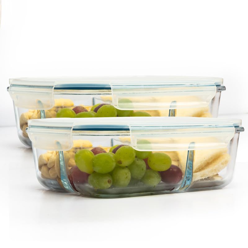 Anko Leak-Proof Glass Storage Containers with Lockable Lids - Pack of 2|Glass Lunch Boxes/Containers with Spill-Proof Polypropylene Lid (3-Compartment Glass Box)