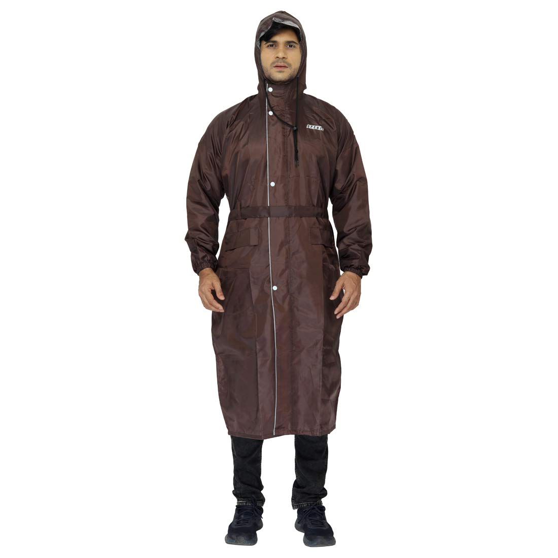 THE CLOWNFISH Polyester Reversible Use Unisex Waterproof Long Coat Raincoat For Men And Women With Adjustable Hood And Reflector At Back For Night Visibility Opener Series (Brown-Free Size)