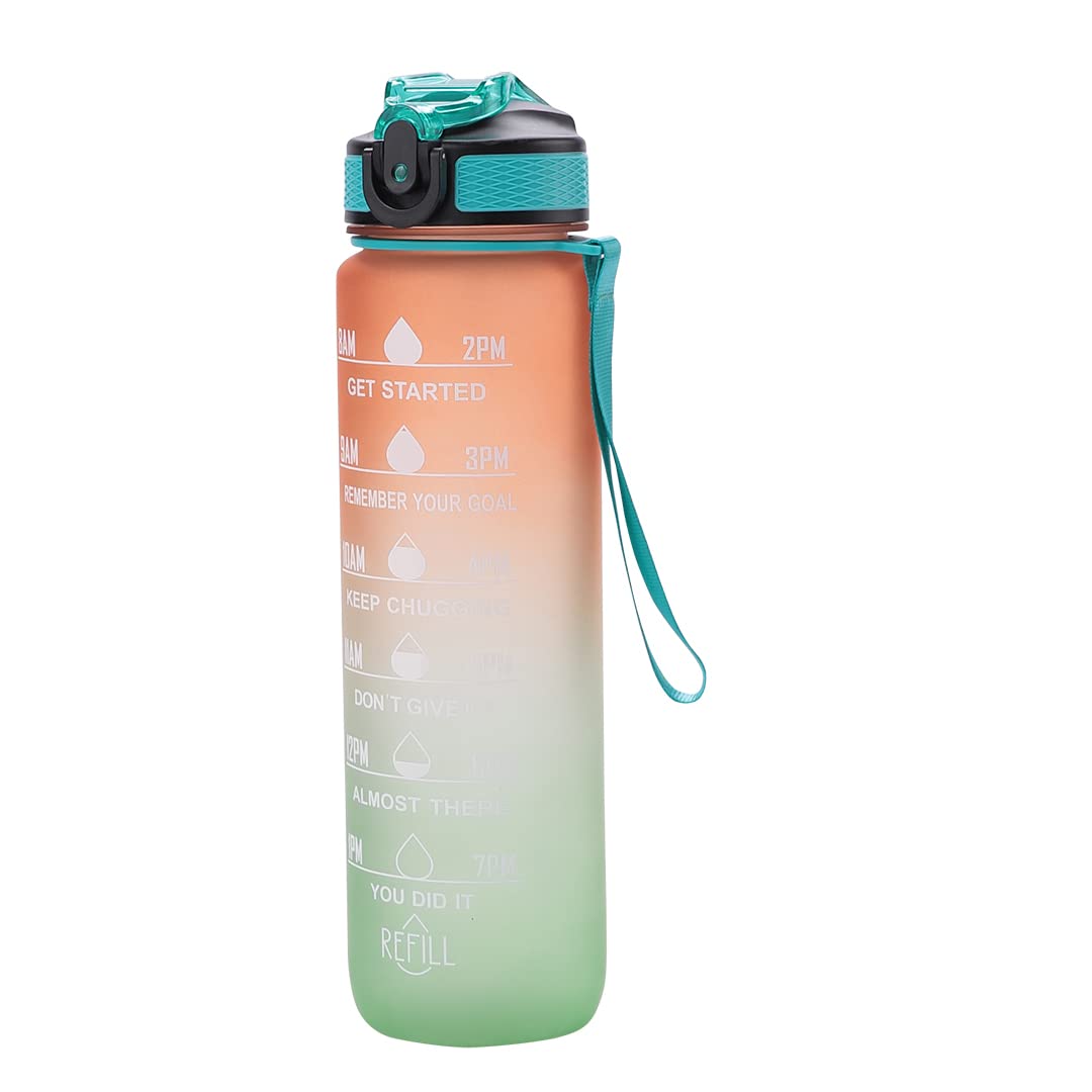 JUGTE 1 Litre Motivational Water Bottle With Straw & Time Marker - BPA-Free, Leak-Proof, For Gym, Office, School & Travel, Green