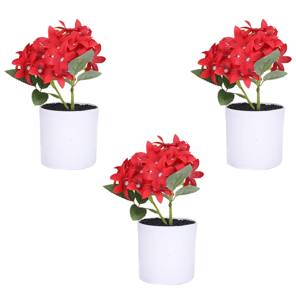 Kuber Industries Artificial Plants for Home D?cor|Natural Looking Indoor Fake Plants with Pot|Artificial Flowers for Decoration-Pack of 3 (Red)