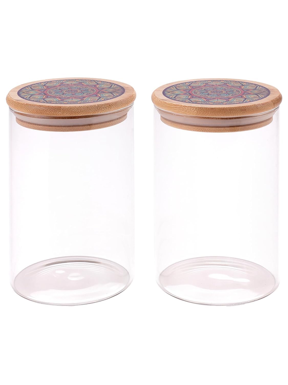 Homestic Borosilicate Glass Jar with Printed Bamboo Lid|Kitchen Organizer Items and Storage|Multi-utility, Leakproof, Airtight Storage Jar for Cookies,Snacks,Tea,Coffee,Sugar|Pack of 2(1000ml)