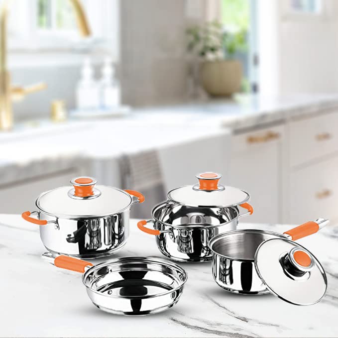 Kuber Industries Set of 4 Stainless Steel Cookware Set I Induction Base Cookware I Saucepan (1.4 L), Kadai (2.0 L), Casserole (2.5 L), Frypan (1 L) and 3 Lids I Heavy Gauge Steel (Pack of 2)