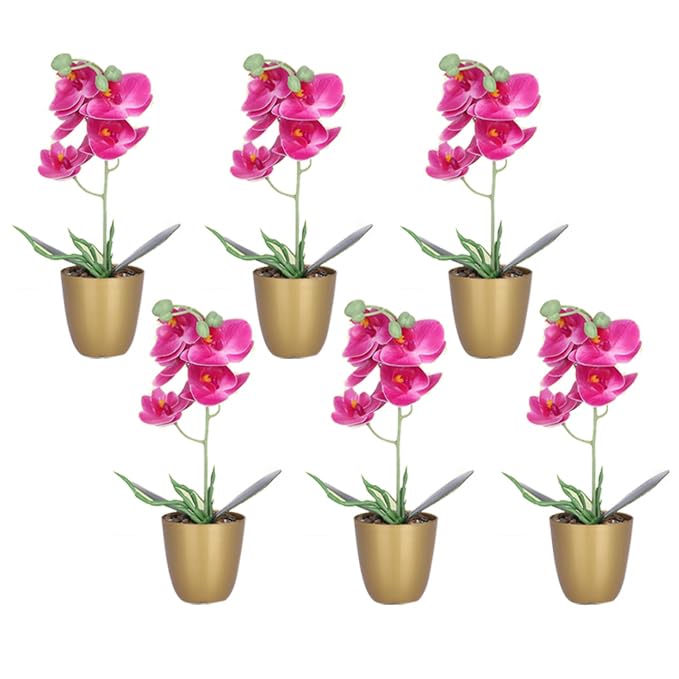 Kuber Industries Artificial Plants for Home Décor|Natural Looking Indoor Fake Plants with Pot|Artificial Flowers for Decoration-Pack of 6 (Pink)