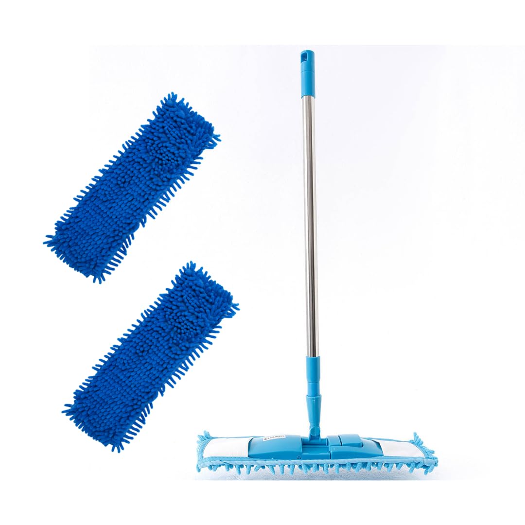 Kuber Industries Microfiber Wiper with 2 Additional Floor Cleaner Mop Refill for Floor Clearing | Hypoallergenic Chenille Microfiber Mop | Super Absorbent | Blue