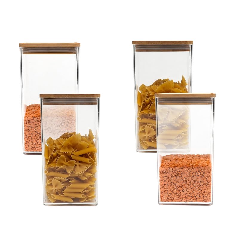 Anko 1 Litre Tall Airtight Transparent Plastic Food Storage Container-Set of 4|Leak-proof with Bamboo Lid|Food-grade Kitchen Organiser|BPA Free|Jars/Containers Ideal for Cereals, Pasta, Cookies, Nuts