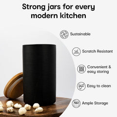 Anko 1.7L Stoneware Ceramic Jars for Kitchen Storage | Airtight Container Set for Kitchen with Rubberwood Lid & Silicone Ring | Kitchen Container for Snacks, Tea, Sugar | Black | Set of 6