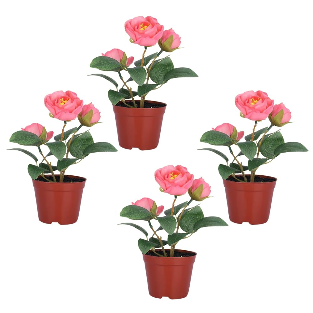 Kuber Industries Artificial Plants for Home D?cor|Natural Looking Indoor Fake Plants with Pot|Artificial Flowers for Decoration-Pack of 4 (Pink)