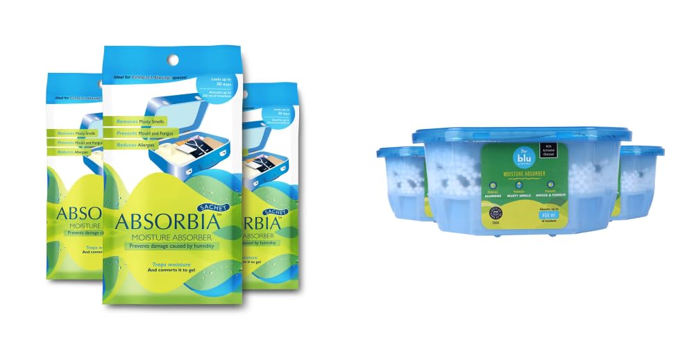 Absorbia Moisture Absorber | Absorbia Sachet - Pack of 3 (200ml Each) | | BLU Moisture Absorber with Activated Charcoal Pack of 3(200g each) | Dehumidifier for Wardrobe, Cupboards & Closets…
