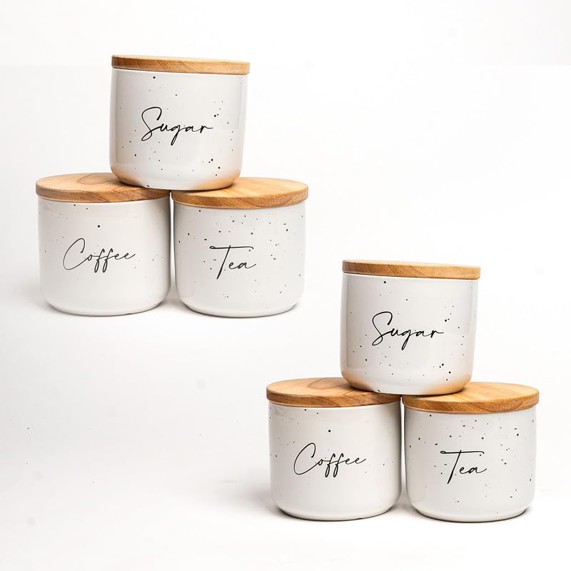 Anko 400ml White Tea Coffee Sugar Stoneware Ceramic Containers Set of 6 | Kitchen Storage Containers Set | Speckled Airtight Container Set for Kitchen