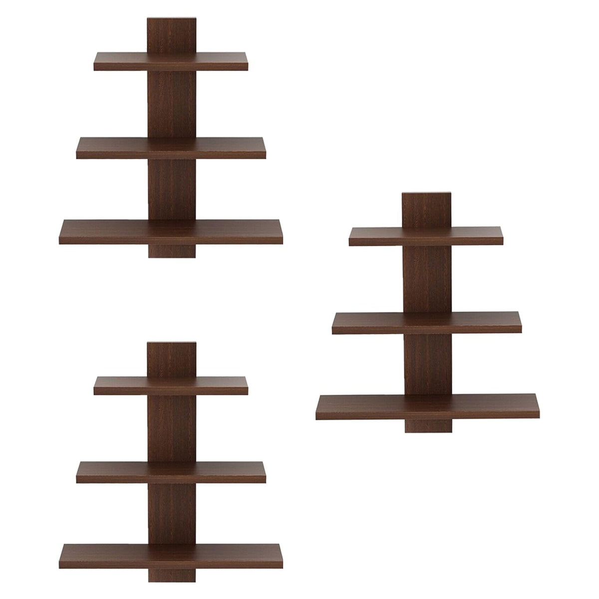 Kuber Industries Wooden Wall Shelf|Multipurpose Tree Shape Display Rack|Engineered Wood Mount 3 Tier Shelves for Office & Home Décor (Brown) (Pack of 3)