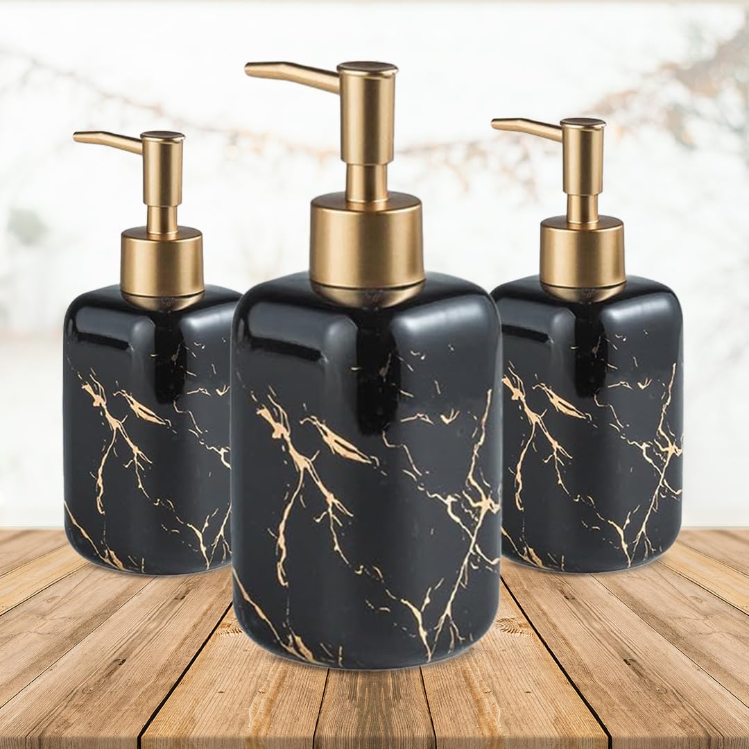 UMAI Liquid Soap Dispenser | Stoneware | Bathroom Sanitizer, Lotion, Shampoo Dispenser | Ceramic Handwash Bottle for Kitchen | Soap Dispenser for Wash Basin | Bathroom Accessories (Pack of 3)