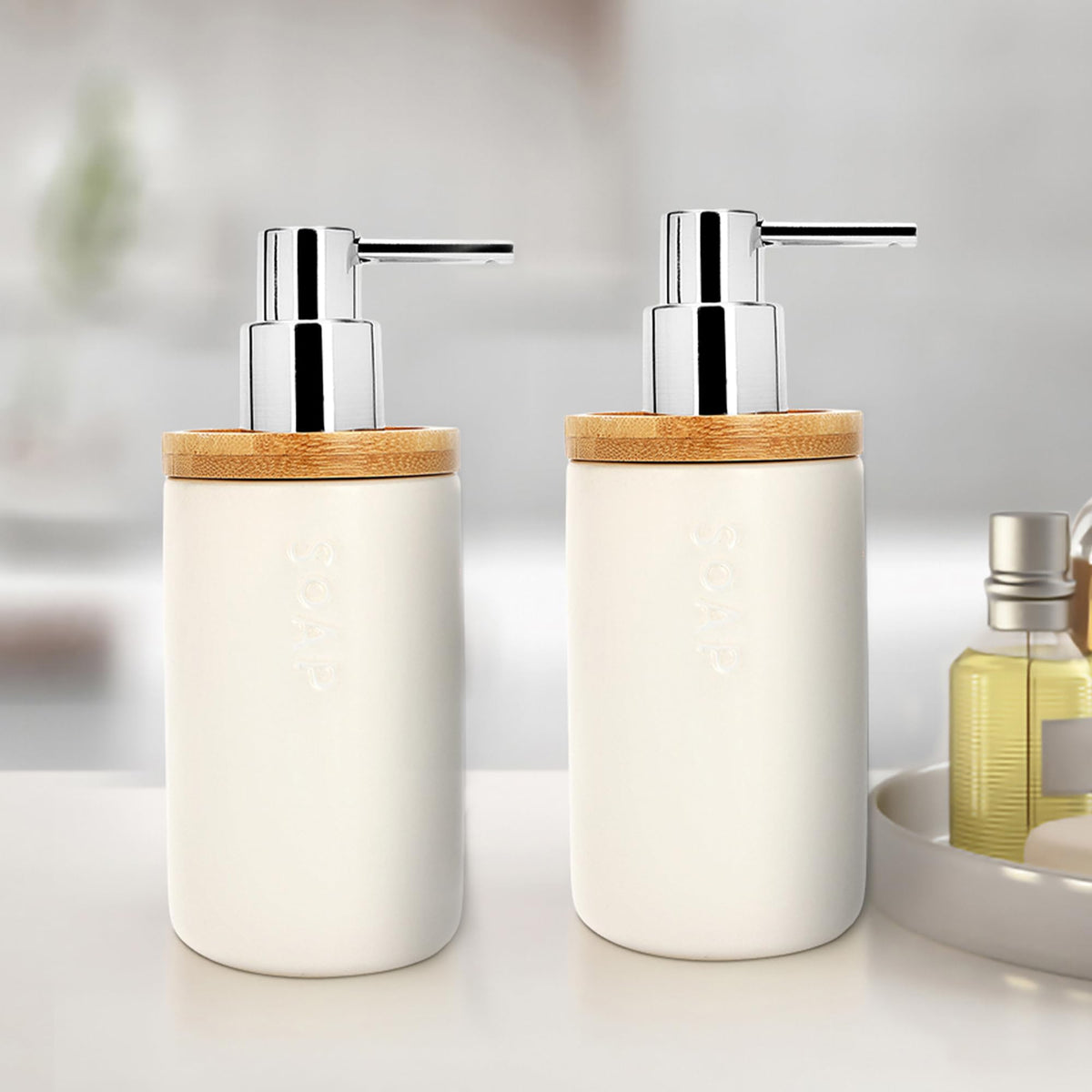 Anko Liquid Soap Dispenser - Pack of 2 | Ceramic and Bamboo Top| Bathroom Sanitizer, Lotion, Shampoo Dispenser | Handwash Bottle for Kitchen | Soap Dispenser for Wash Basin 20 ml