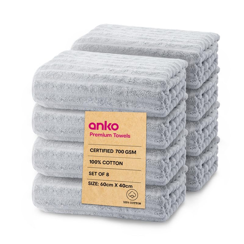 Anko Australia 100% Cotton 700 GSM Ribbed Hand Towel | Set of 8 | Super-Soft, Absorbent, Quick-Drying | Grey Towel for Men, Women & Kids | 60x40 cm |Travel, Gym, Spa Towel