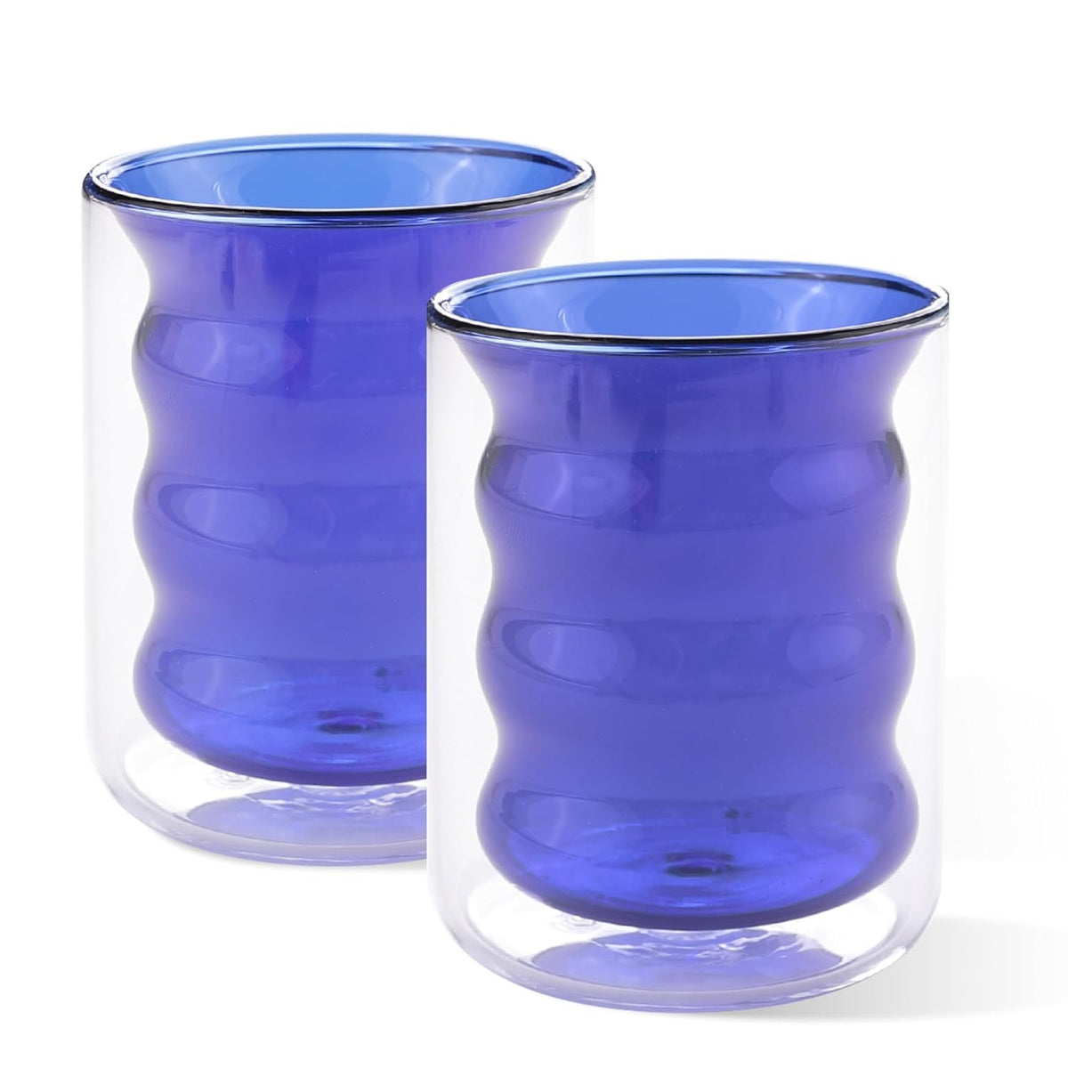 Kuber Industries 2 Pcs Waved Shape Glasses | Double Walled Borosilicate Glass | High Thermal Resistance | Microwave & Dishwasher Safe | 200 ML | Pack of 1 | Blue