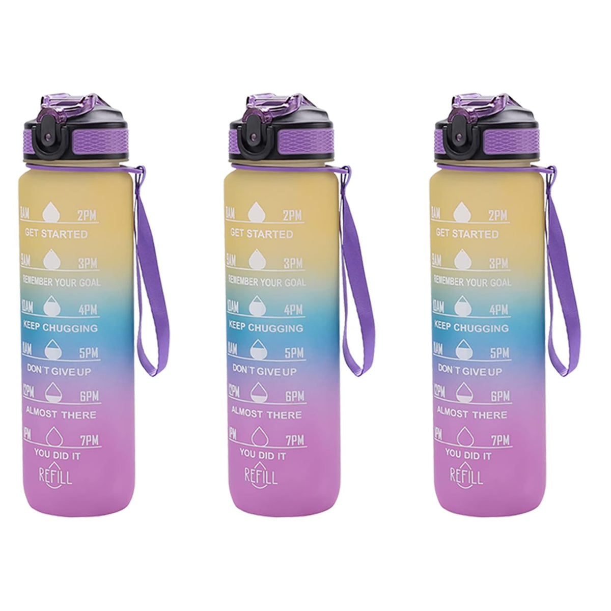 Kuber Industries Motivational Water Bottle with Time Marker | Sipper Water Bottle for Kids & Adults with Straw | For Gym, Home, Office & School | Yellow Purple -1 L (Pack Of 3)