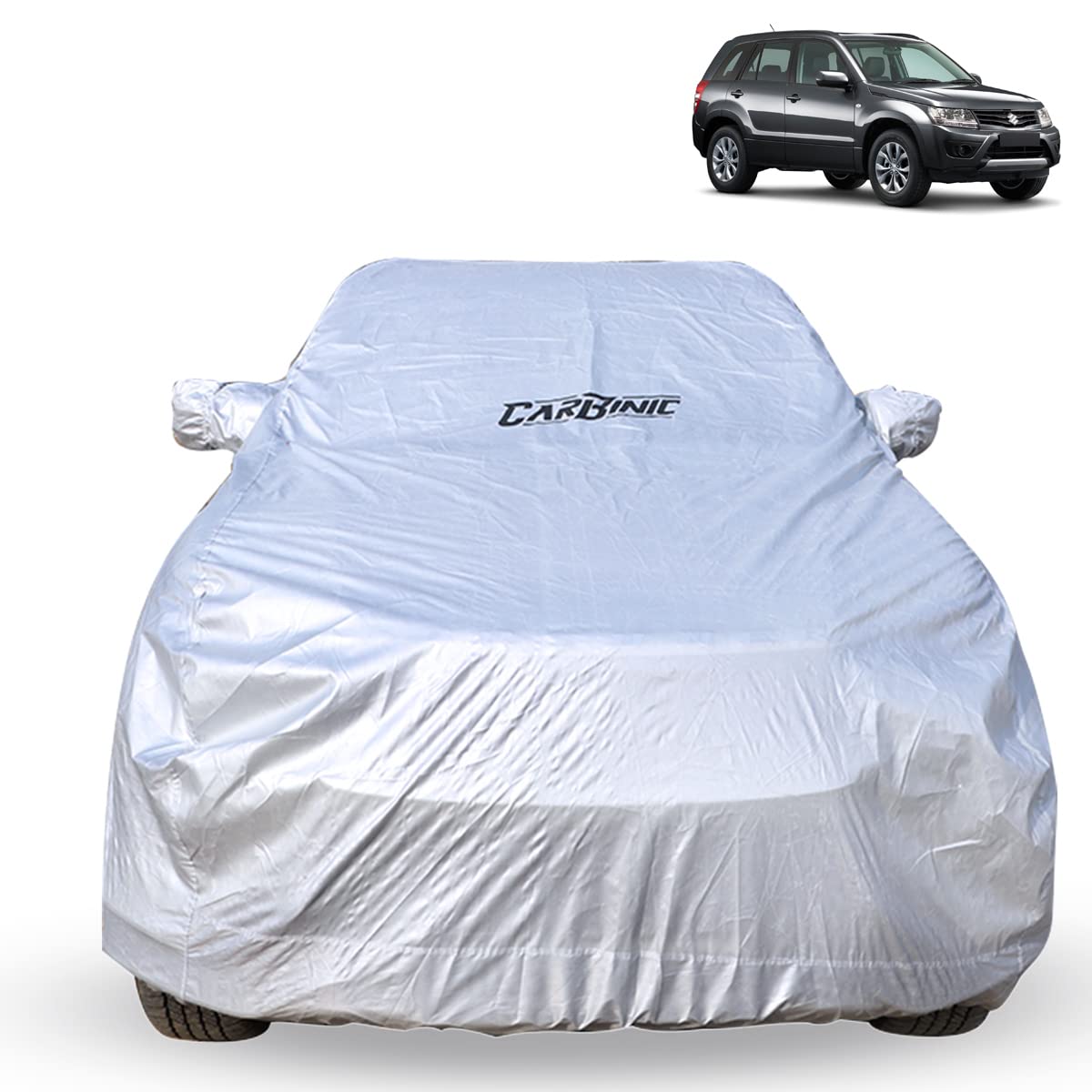 CARBINIC Car Cover for Maruti Grand Vitara 2022 Waterproof (Tested) and Dustproof Custom Fit UV Heat Resistant Outdoor Protection with Triple Stitched Fully Elastic Surface (Silver)