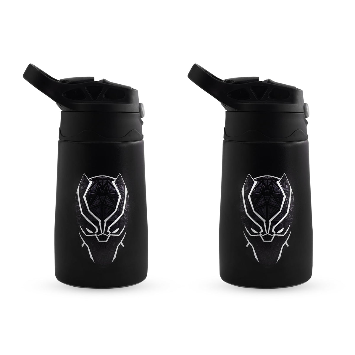 Kuber Industries 350 ml Insulated Water Bottle | Black Panther Kids Water Bottle | Stainless Steel Kids Water Bottle | Water Bottle with Push-Button Flip Lid | Bottle For School | Black | Pack of 2