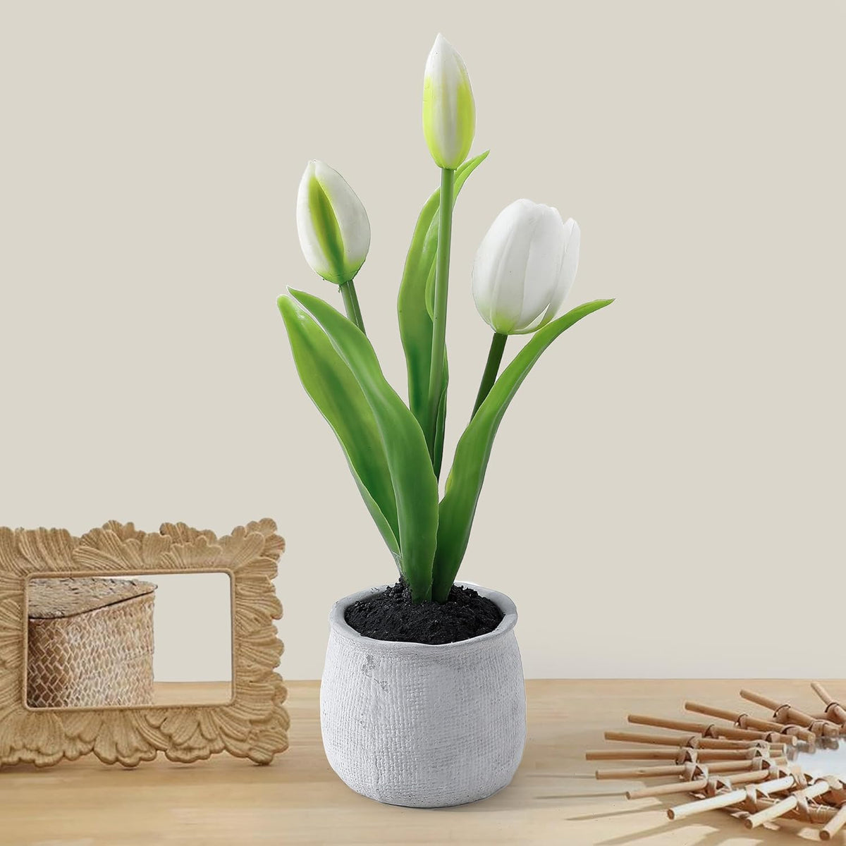 Ekhasa Realistic Tulip Flower Vase Pot with Artificial Flowers for Home Decoration | Guldasta Flower Pots with Artificial Show Flower for Living Room, Dining Table, Bedroom, Hall, Office & Home Decor