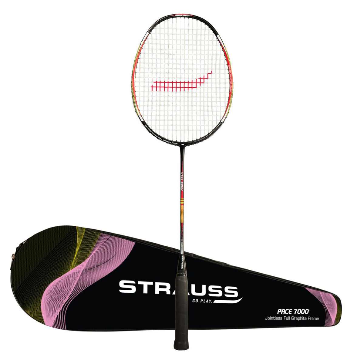 Strauss Pace-7000 Full Graphite Badminton Racquet with Carry Bag| Lightweight 90g| High-Performance Racket for Professionals and Beginners| Enhanced Grip Handle |Pack of 1,(Red Strung)