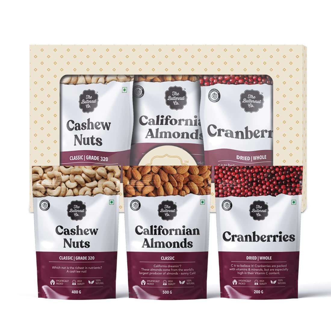 The Butternut Co Dry Fruit Festive Gift Box 1100g, Delight Box, California Almonds 500g, Cashew Nuts G320 400g, Cranberries 200g, Premium Dry Fruits