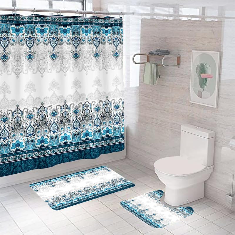 Encasa Shower Curtain & Bathmat 3 Pcs Set| Curtain 180x180 cm, Mats 45x75 cm, 45x37.5 cm| Creative Vibrant Coloured Polyster Curtain Sets with Non-Slip Bath mats for Bathroom| Blue Turkish Tiles