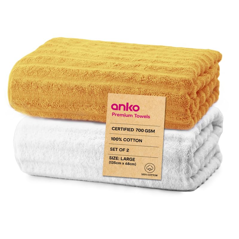 Anko Australia 100% Cotton 700 GSM Large Ribbed Bath Towel | Set of 2 | Super-Soft, Absorbent, Quick-Drying | White & Mustard Towel for Men, Women & Kids | 135x68 cm |Travel, Gym, Spa Towel