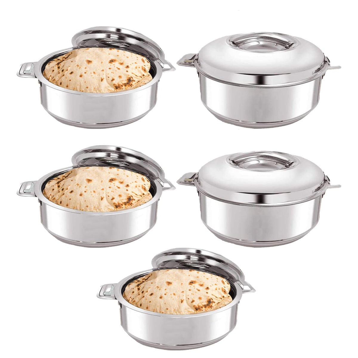 Kuber Industries Stainless Steel Casserole/Chapati Box|2000 ML Chapati Box with Easy Lock Mechanism|Garam Puri & Roti Hot Box|Double Walled Heat Retention for Upto 8 hrs|Heavy Duty Gauge (Pack of 5)