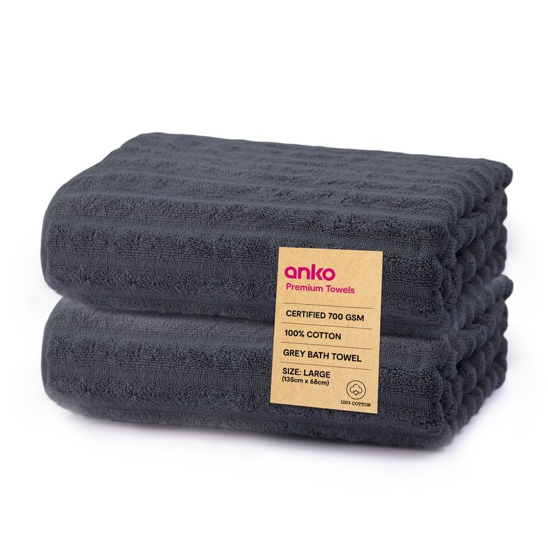 Anko Australia 100% Cotton 700 GSM Large Ribbed Bath Towel | Set of 2 | Super-Soft, Absorbent, Quick-Drying | Dark Grey Towel for Men, Women & Kids | 135x68 cm |Travel, Gym, Spa Towel