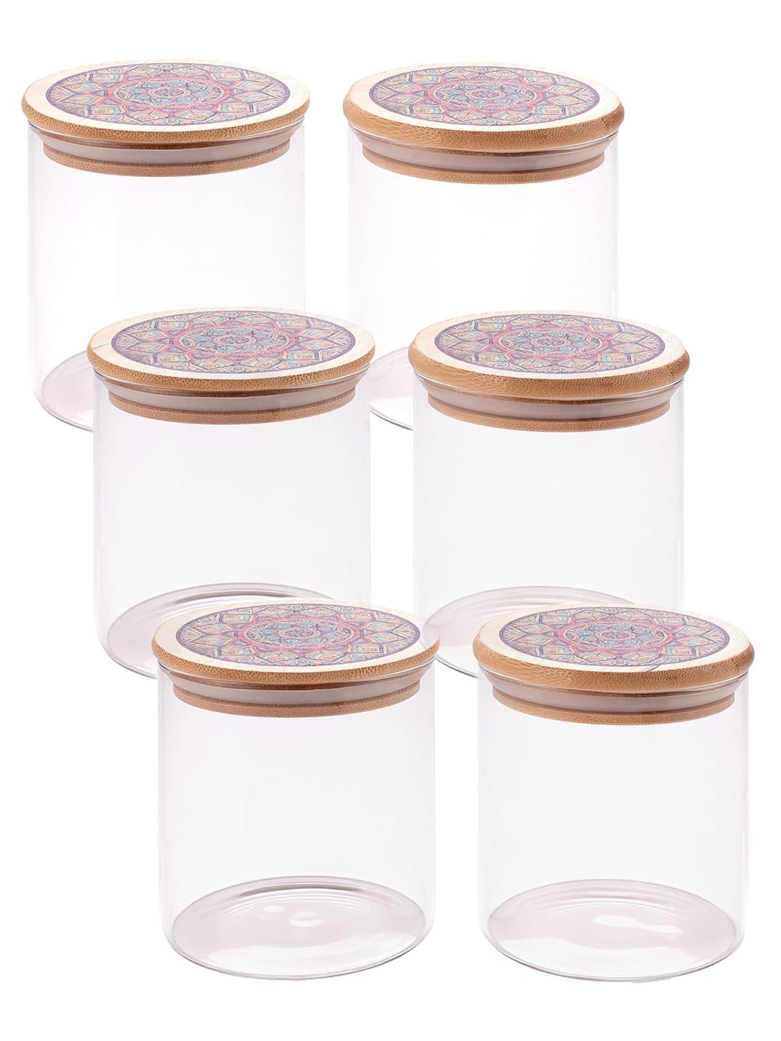 Heart Home Borosilicate Glass Jar with Printed Bamboo Lid|Kitchen Organizer Items and Storage|Multi-utility, Leakproof, Airtight Storage Jar for Cookies,Snacks,Tea,Coffee,Sugar|Pack of 6(300ml)