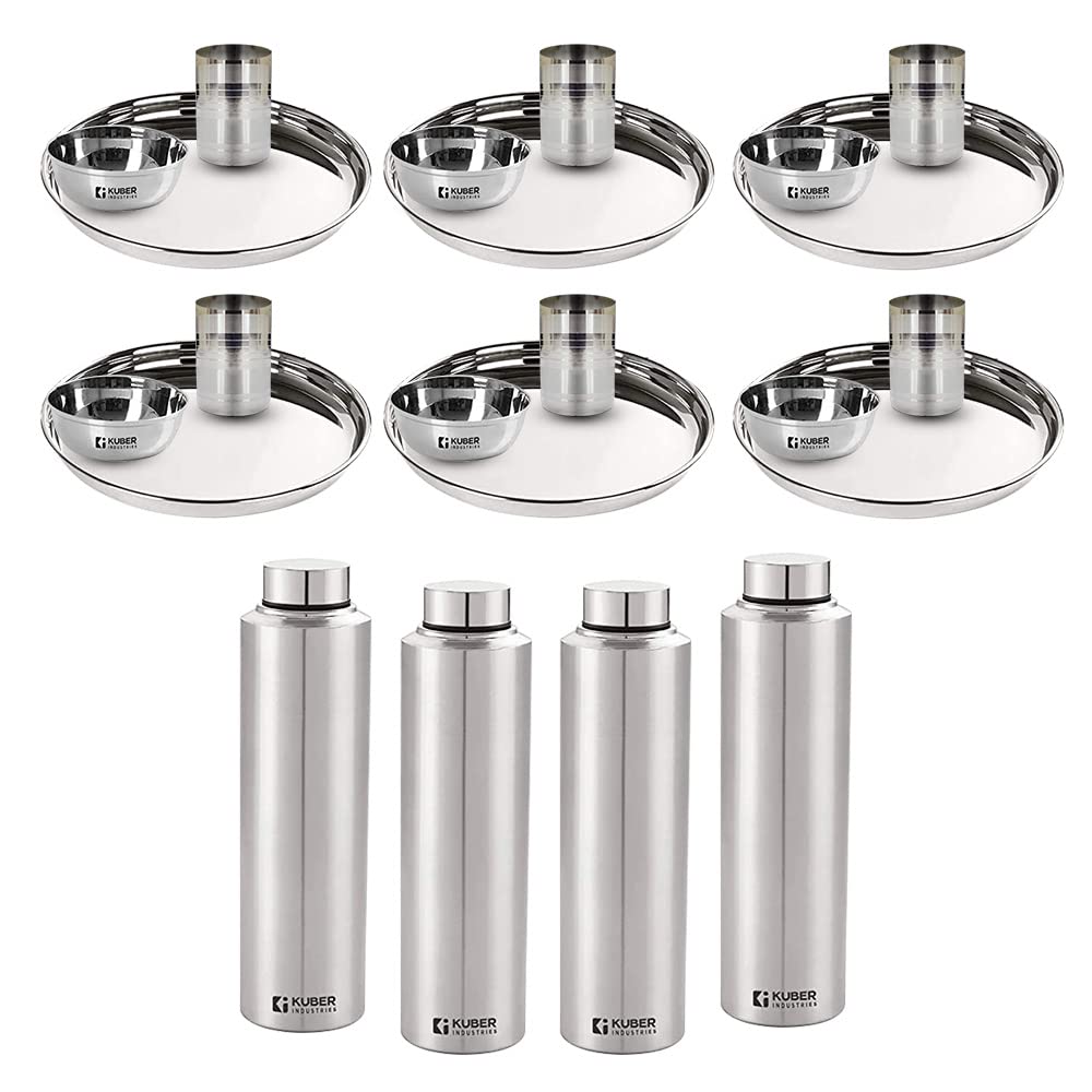 Kuber Industries Stainless Steel Bowl, Plate, and Bottle Set | Durable, Mirror Finish Shiny Utensils | Stainless Steel 200ml Bowl Set of 6, 1 Liter Bottle and Plate Set of 6