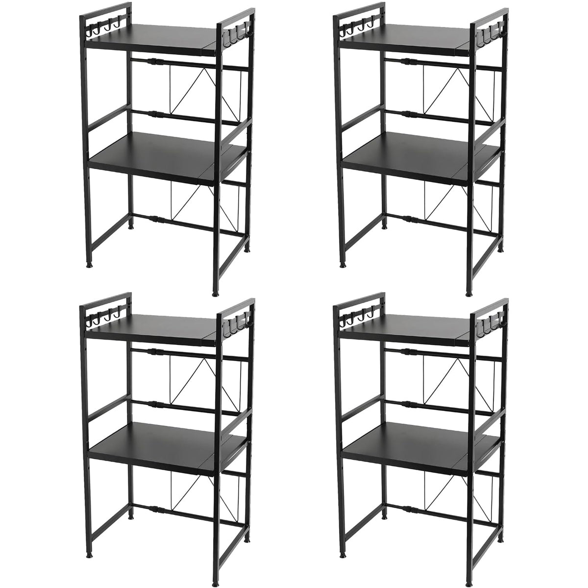 Kuber Industries 2-Layer Microwave Oven Rack|Telescopic Storage Rack|Microwave Shelf Stand With Hanging Hooks|Kitchen Counter Shelf Organizer Pack of 4 (Black)