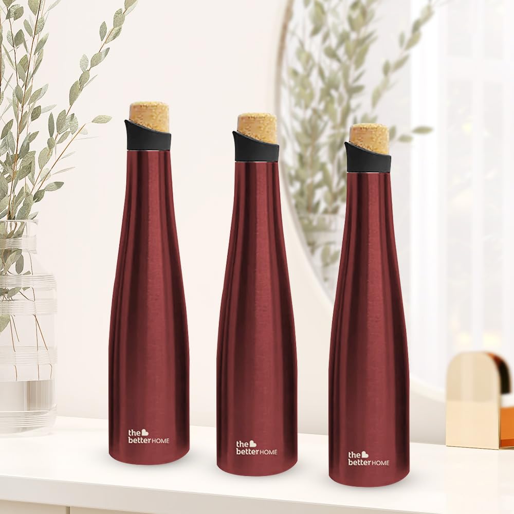 The Better Home Insulated Stainless Steel Water Bottle with Cork Cap | 18 Hours Insulation | Pack of 3-750ml Each | Hot Cold Water for Office School Gym | Leak Proof & BPA Free | Wine Colour