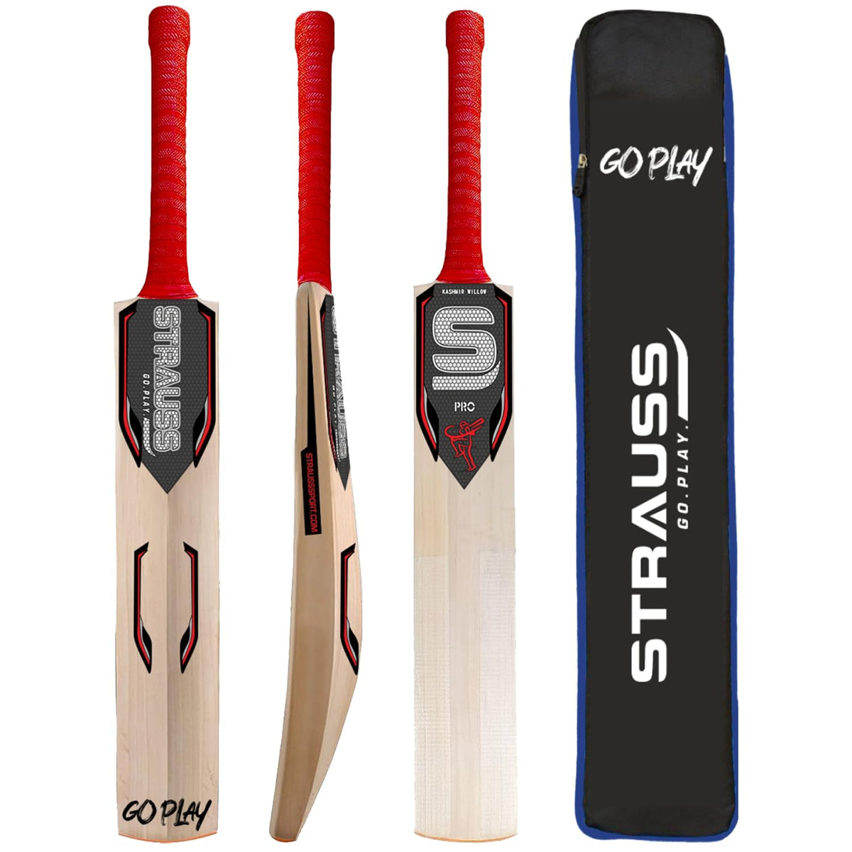 Strauss Pro Cricket Bat | Kashmir Willow Tournament Match Bat with Grip | Standard Leather Ball Bat for Cricket Junior Cricket Bat for Training and Matches | Size 4 (700-800g)