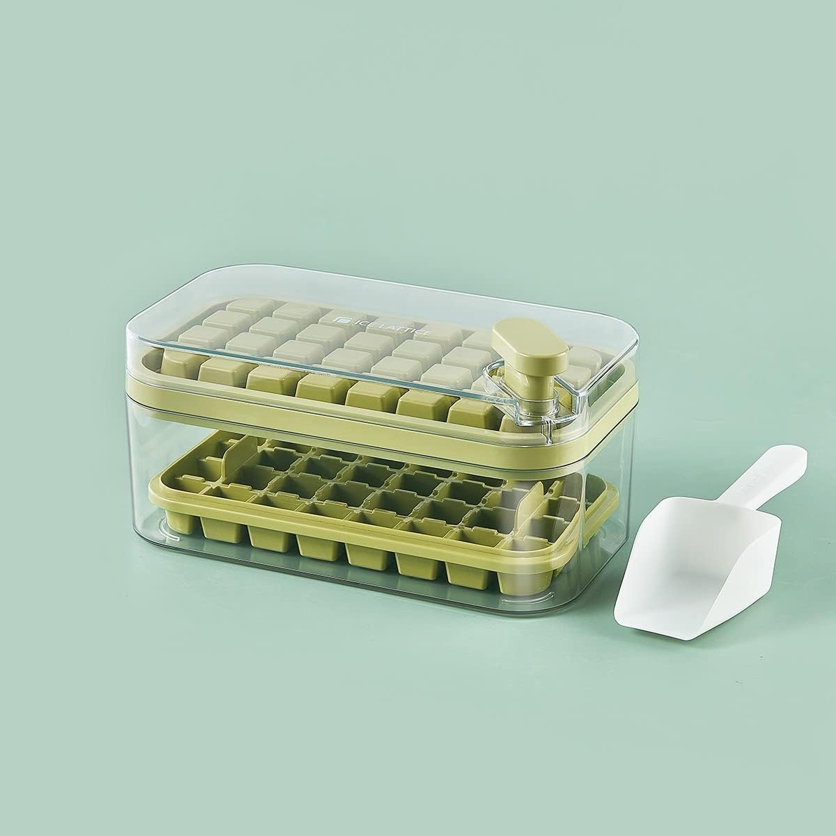 Urbane Home 2 Layer Ice Cube Tray with Lid | Ice Cube Storage Box with Ice Scoop | 64 Ice Cube Molds for Freezing | One-Press Demolding | BPA Free | Green