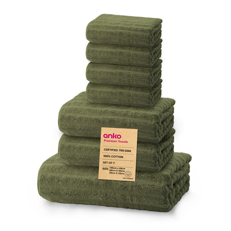 Anko Australia 100% Cotton 700 GSM Ribbed Towel Set | 1 Bath Towel, 2 Hand Towels, 4 Face Towels | Super-Soft, Absorbent, Quick-Drying | Olive Green Cotton Towels for Bath, Travel & Gym |