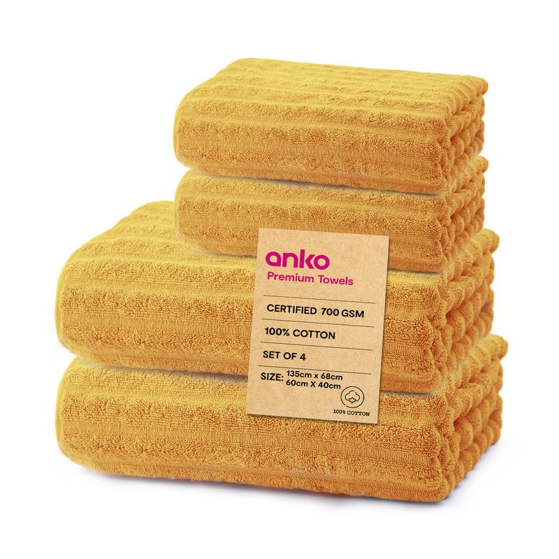 Anko Australia 100% Cotton 700 GSM Ribbed Towel Set | 2 Bath Towels, 2 Hand Towels | Super-Soft, Absorbent, Quick-Drying | Mustard Cotton Towels for Bath, Travel & Gym | 135x68cm & 60x40cm