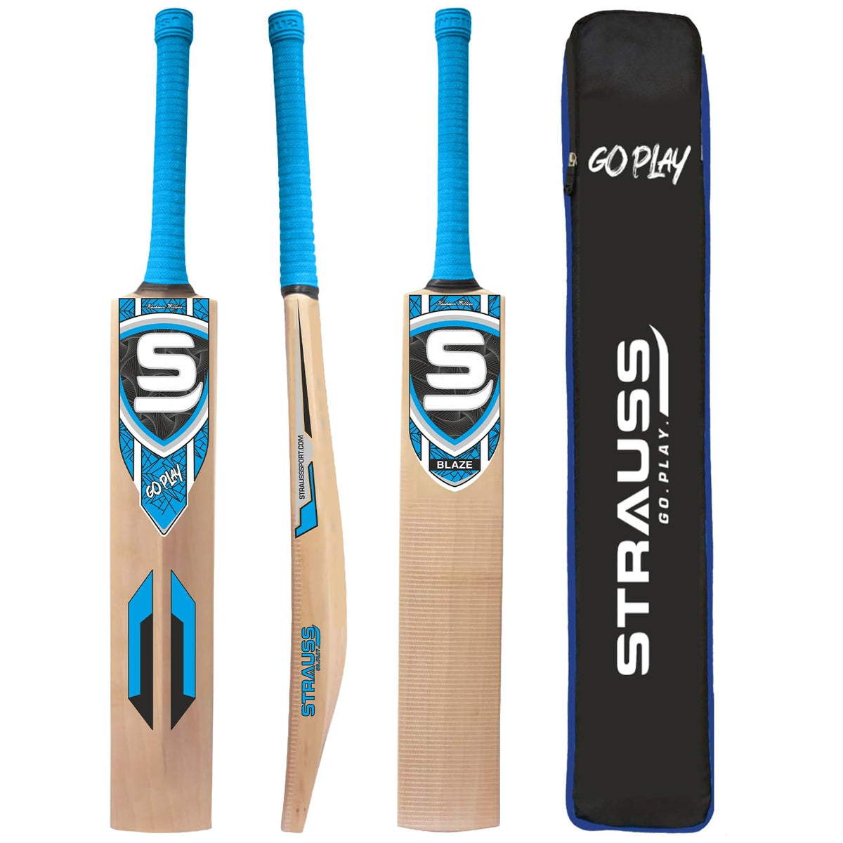 STRAUSS Blaze Kashmir Willow Cricket Bat |Size: Short Handle(SH) |Suitable for Tennis Ball |Blue| Ideal for Boys/Youth/Adults (1050-1200 Grams)