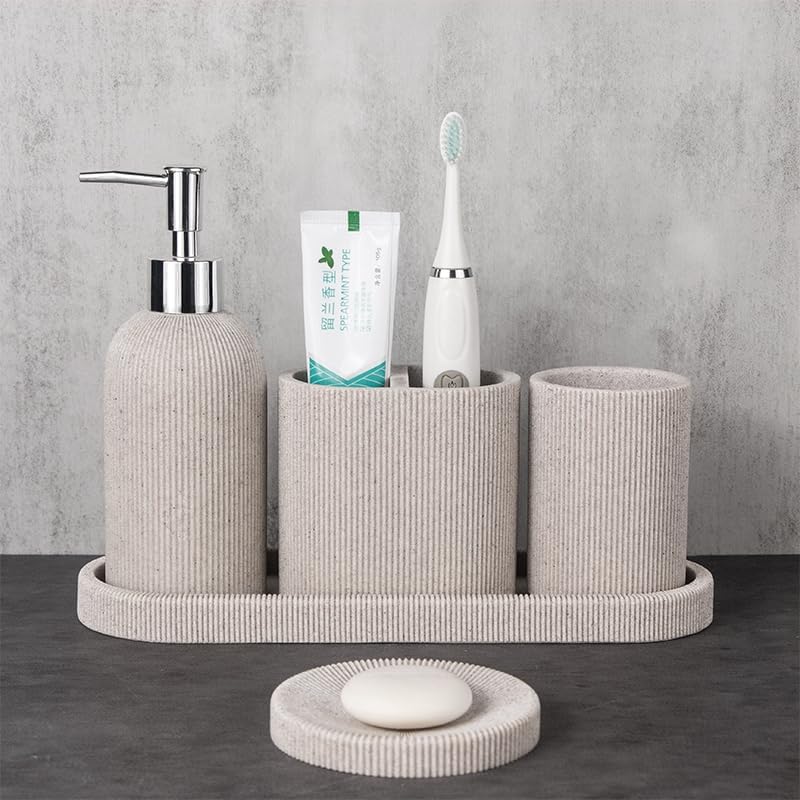 Homestic 5-Piece Polyresin Bathroom Accessories Set |Toothbrush Holder, Soap Dispenser, Tumbler, Tray | Accessories for Bathroom & Kitchen | Moisture-Resistant & Scratch-Proof | Khaki