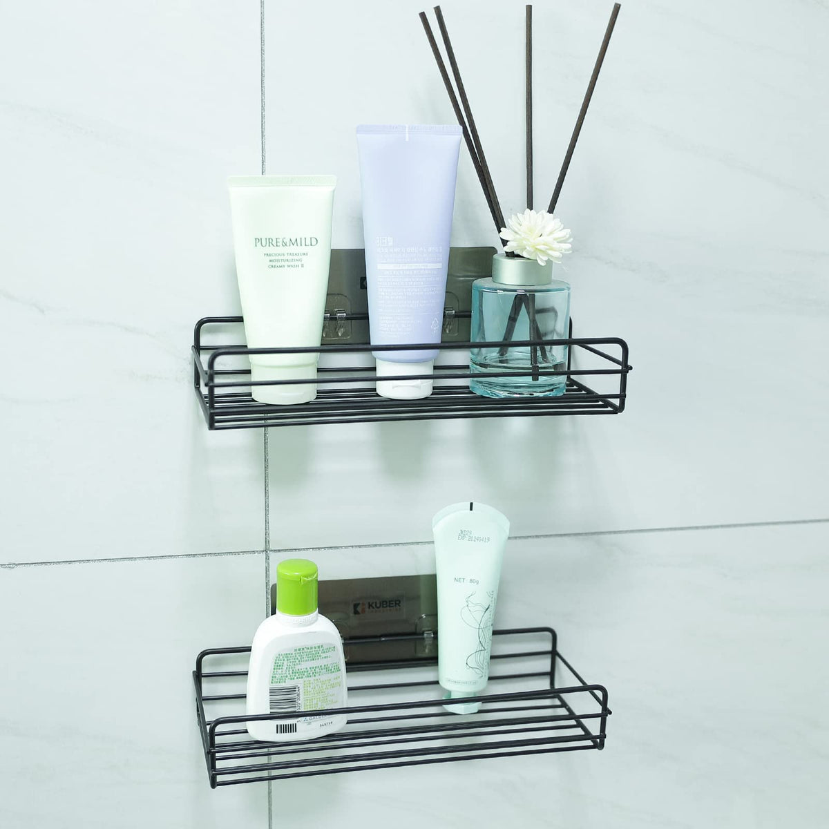 Kuber Industries Stainless Steel Bathroom & Kitchen Organizer Rack|Multipurpose Wall Shelves Non-Toxic|Storage Racks & Shelves for Bathroom & Kitchen|HR-14|Set of 2|Black (Pack of 3)