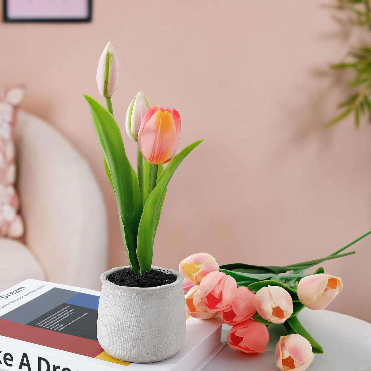 Ekhasa Realistic Tulip Flower Vase Pot with Artificial Flowers for Home Decoration | Guldasta Flower Pots with Artificial Show Flower for Living Room, Dining Table, Bedroom, Hall, Office & Home Decor