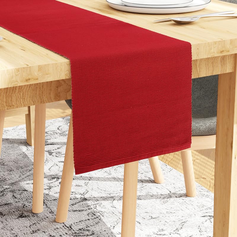 Encasa Homes Table Runner For 4 seater Dining - Solid Red | Fine Ribbed Cotton | Size 32x150 cm | Decorative Cloth For Home, Cafes, Restaurants & Hotels - Machine Washable