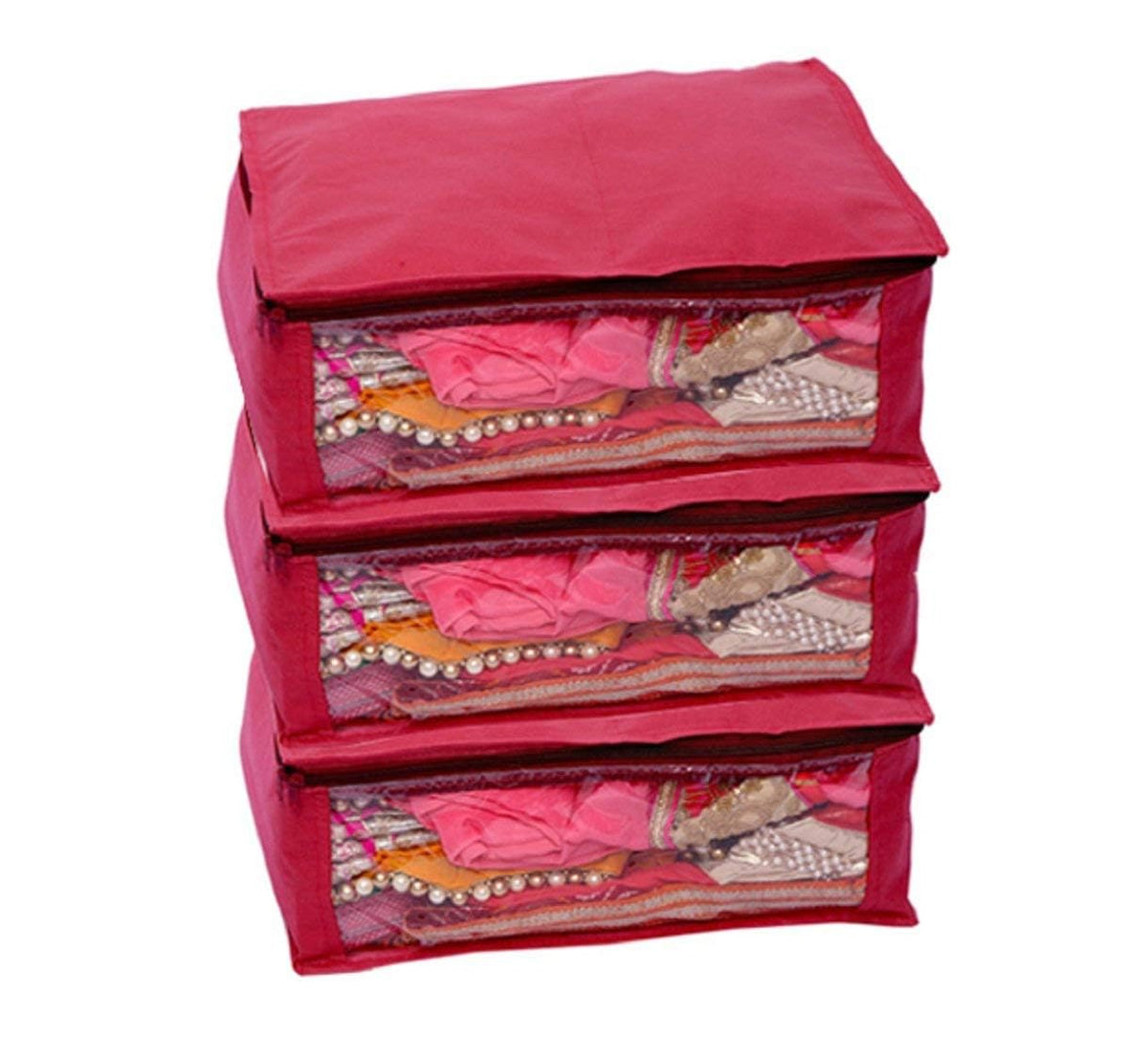 Kuber Industries 3 Pieces Non Woven Saree Cover Set, Maroon