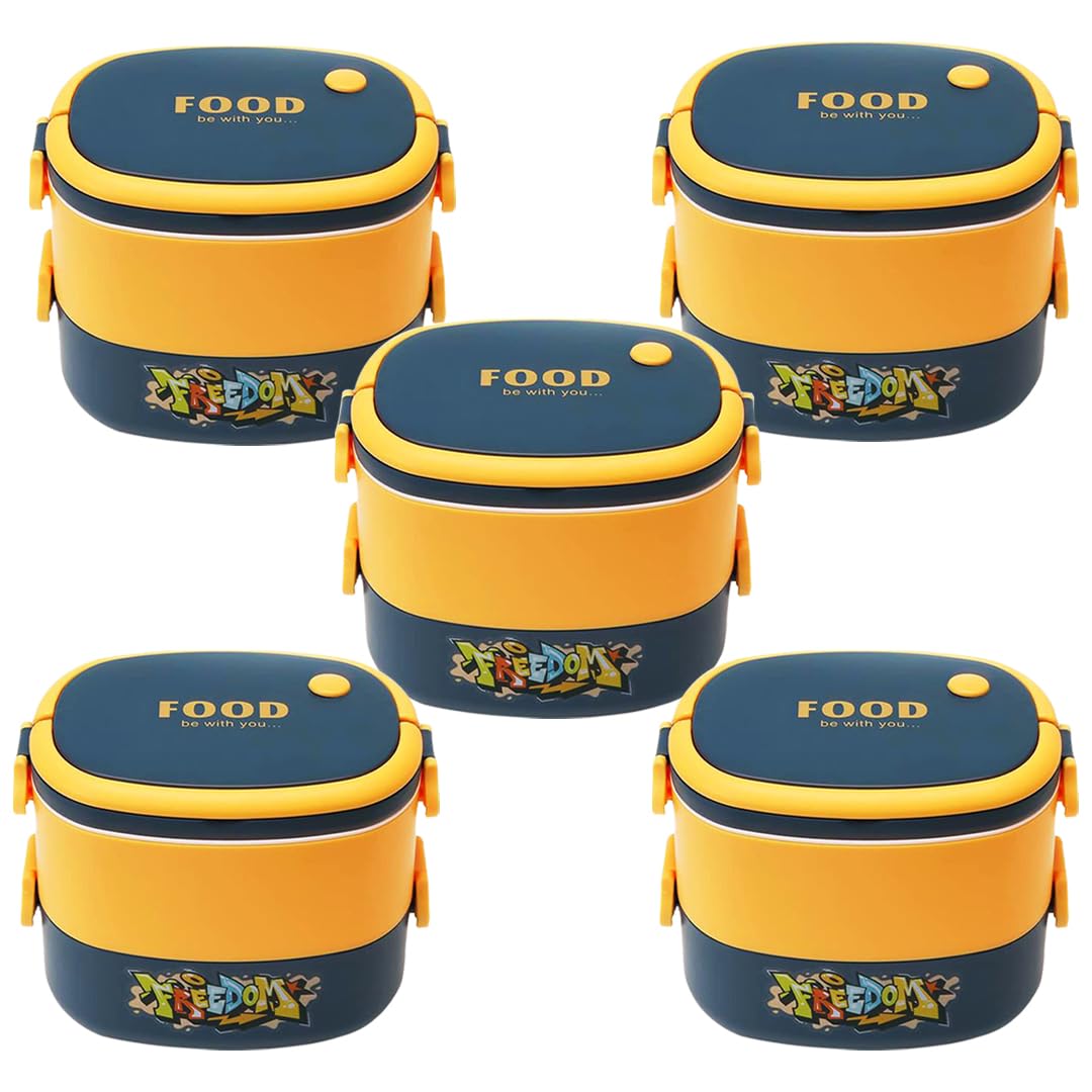 Kuber Industries Insulated Lunch Box with 2 Compartments|100% BPA Free, Food Grade ABS Plastic|Leakproof & Spill Proof|Dishwasher & Microwave Safe Lunch Box|1450 ML|HX0043343|Pack of 5|Yellow & Blue