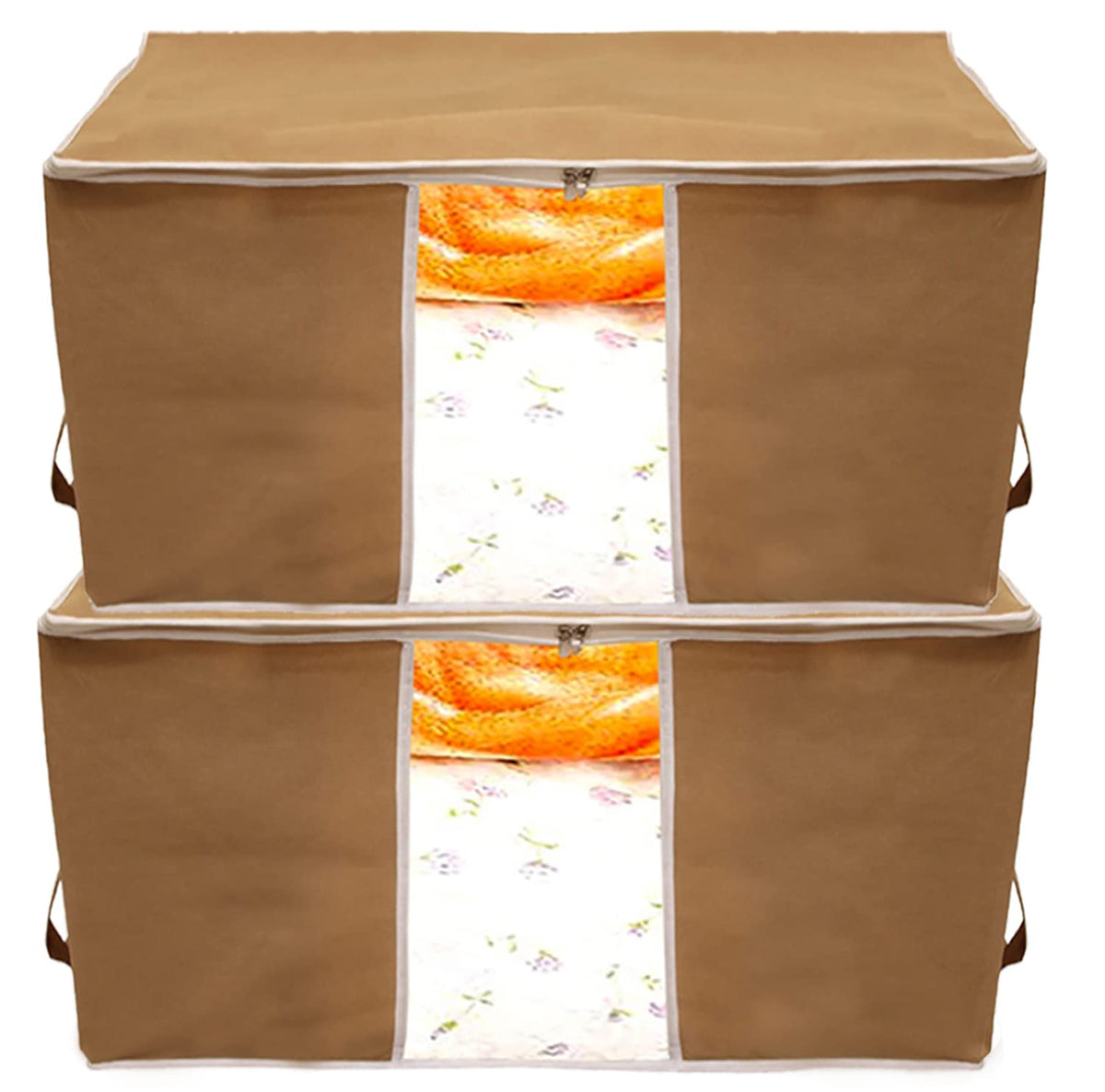 Kuber Industries Foldable Non Woven Clothes Storage Bag Wardrobe Organizer Underbed Bag With Tranasparent Window- Pack of 2 (Brown)-HS43KUBMART26713