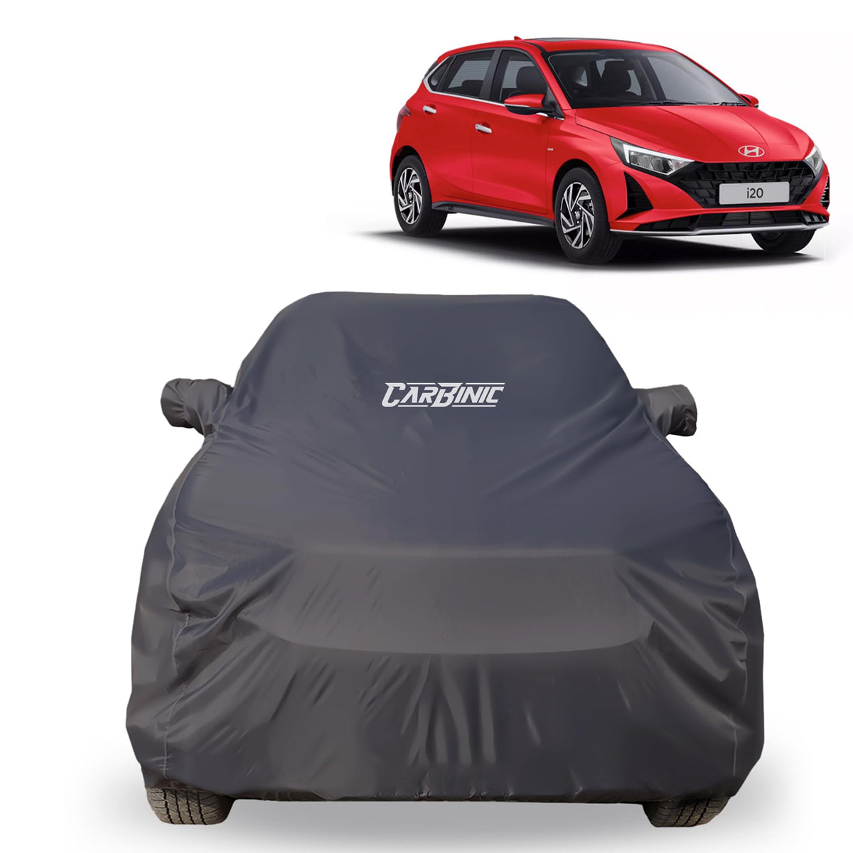 CARBINIC Car Body Cover for Hyundai i20 2020 | Water Resistant, UV Protection Car Cover | Scratchproof Body Shield | All-Weather Cover | Mirror Pocket & Antenna | Car Accessories Dusk Grey