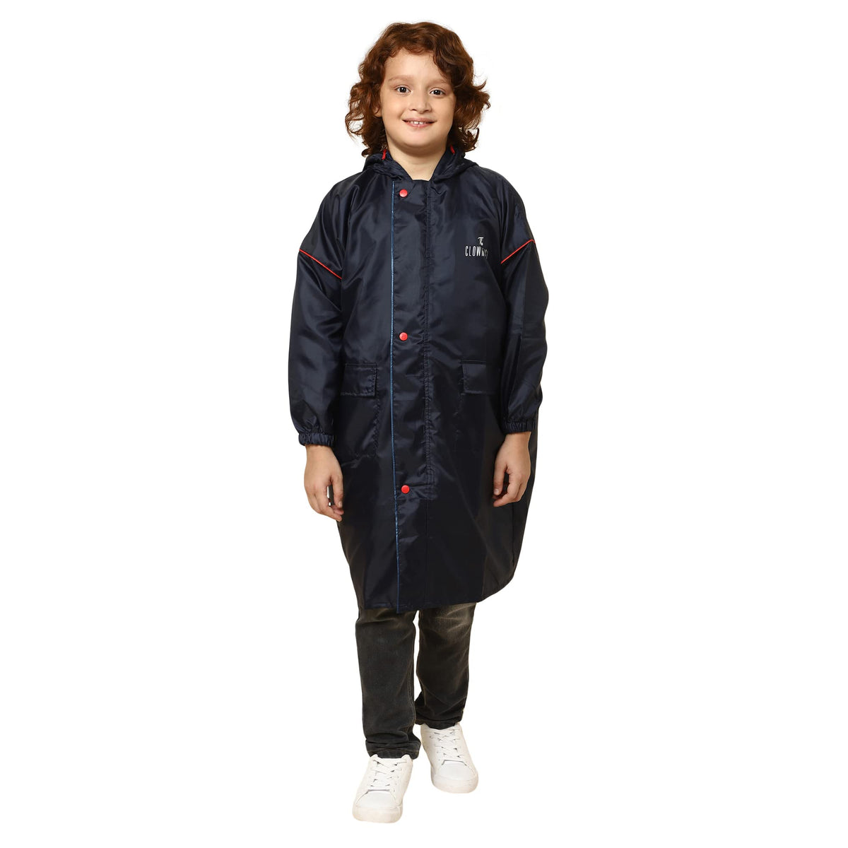 THE CLOWNFISH Oliver Series Kids Waterproof Polyester Double Coating Reversible Longcoat with Hood and Reflector Logo at Back. Printed Plastic Pouch. Kid Age-8-9 years (Blue)