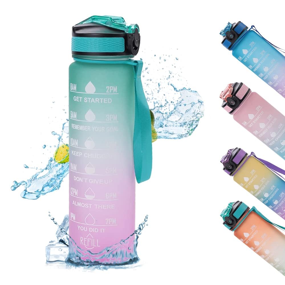 Kuber Industries Motivational Water Bottle with Time Marker | Sipper Water Bottle for Kids & Adults with Straw | For Gym, Home, Office & School | Green Purple -1 L (Pack Of 1)