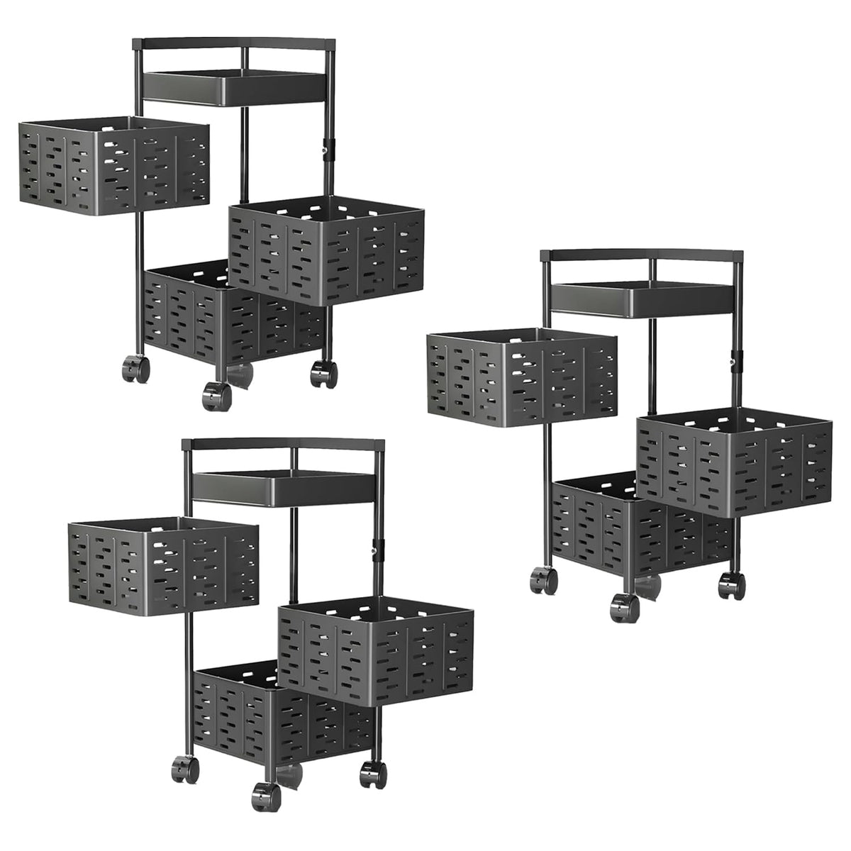 Kuber Industries 4-Layer Kitchen Trolley | 360? Rotating Storage Rack | Square Storage Rack with Wheels | Fruit and Vegetable Storage for Kitchen | Pack of 3 | (Black)