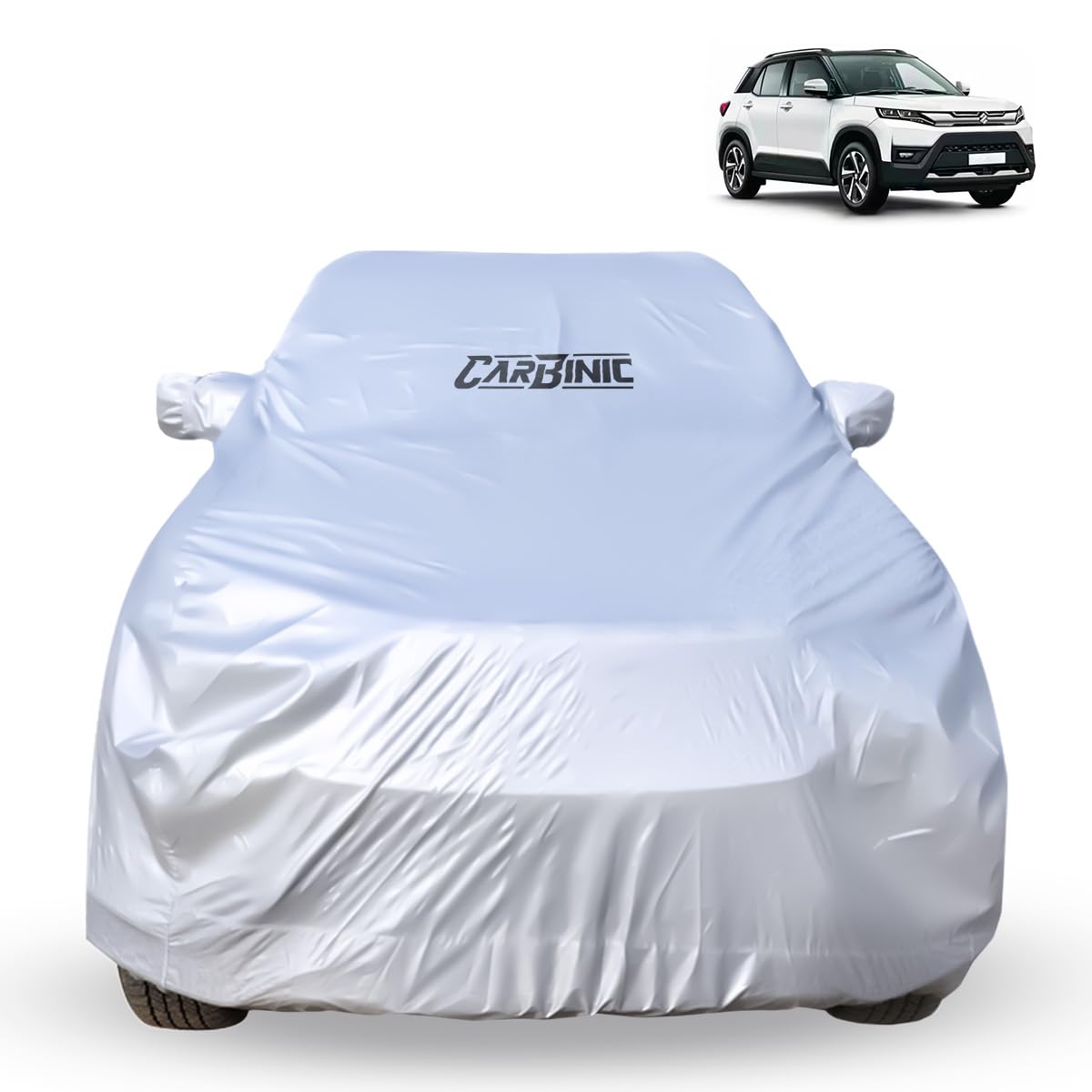 CARBINIC Car Body Cover for Maruti Brezza 2022 | Water Resistant, UV Protection Car Cover | Scratchproof Body Shield | Dustproof All-Weather Cover | Mirror Pocket & Antenna | Car Accessories, Silver