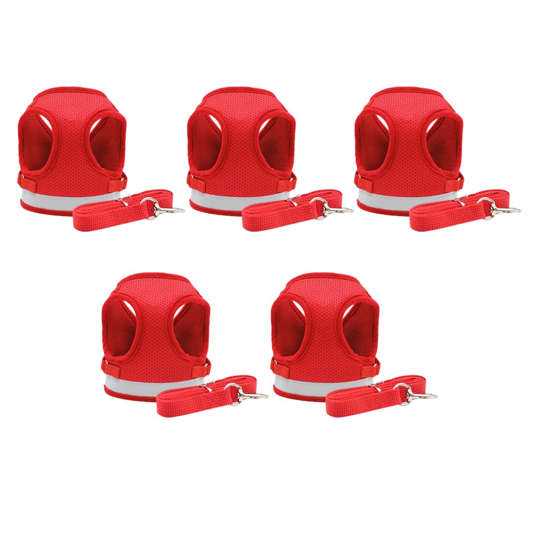 Kuber Industries Reflective Dog Harness With Adjustable Leash|Breathable Polyester Mesh Fabric |Small Size|HT-844|Comfortable No-Pull Grip|QuickRelease Buckles|Easy On-Easy Off Harness|Red (Pack Of 5)